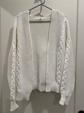 Cream Cable-Knit Open Front Women's Sweater with hood and pockets